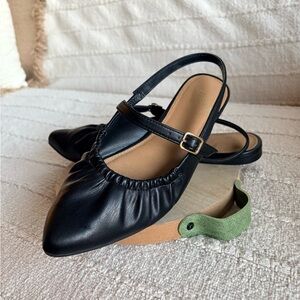Black Leather Slingback Ballet Flats Minimalist Pointed Toe Quiet Luxury Size 7